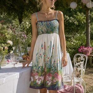 Vintage‎ Y2K Sundress Mini Smocked Floral Botanical Medium White Garden Cottage